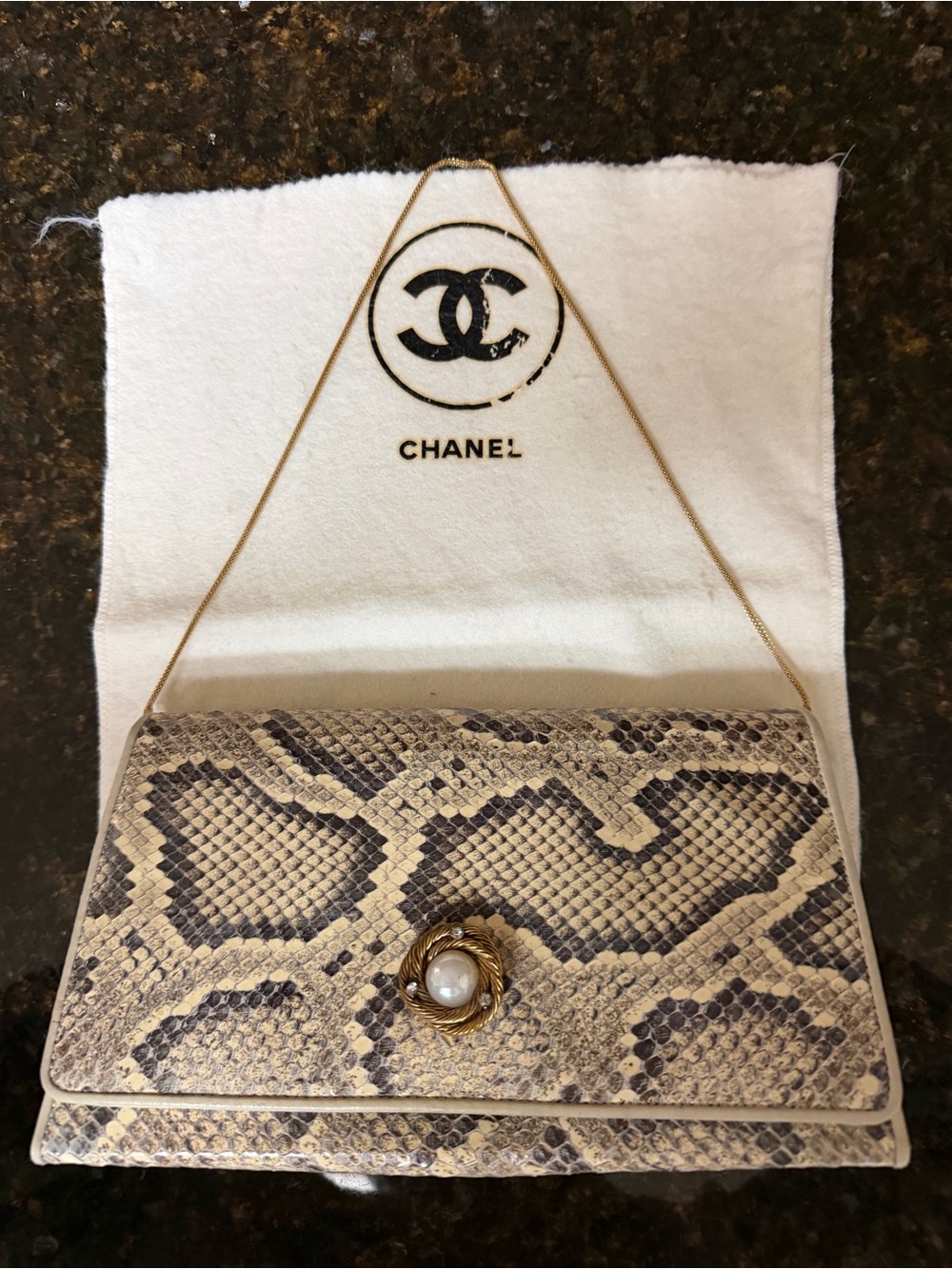 CHANEL Beige and Black Python Shoulder Bag with Pearl CC Button